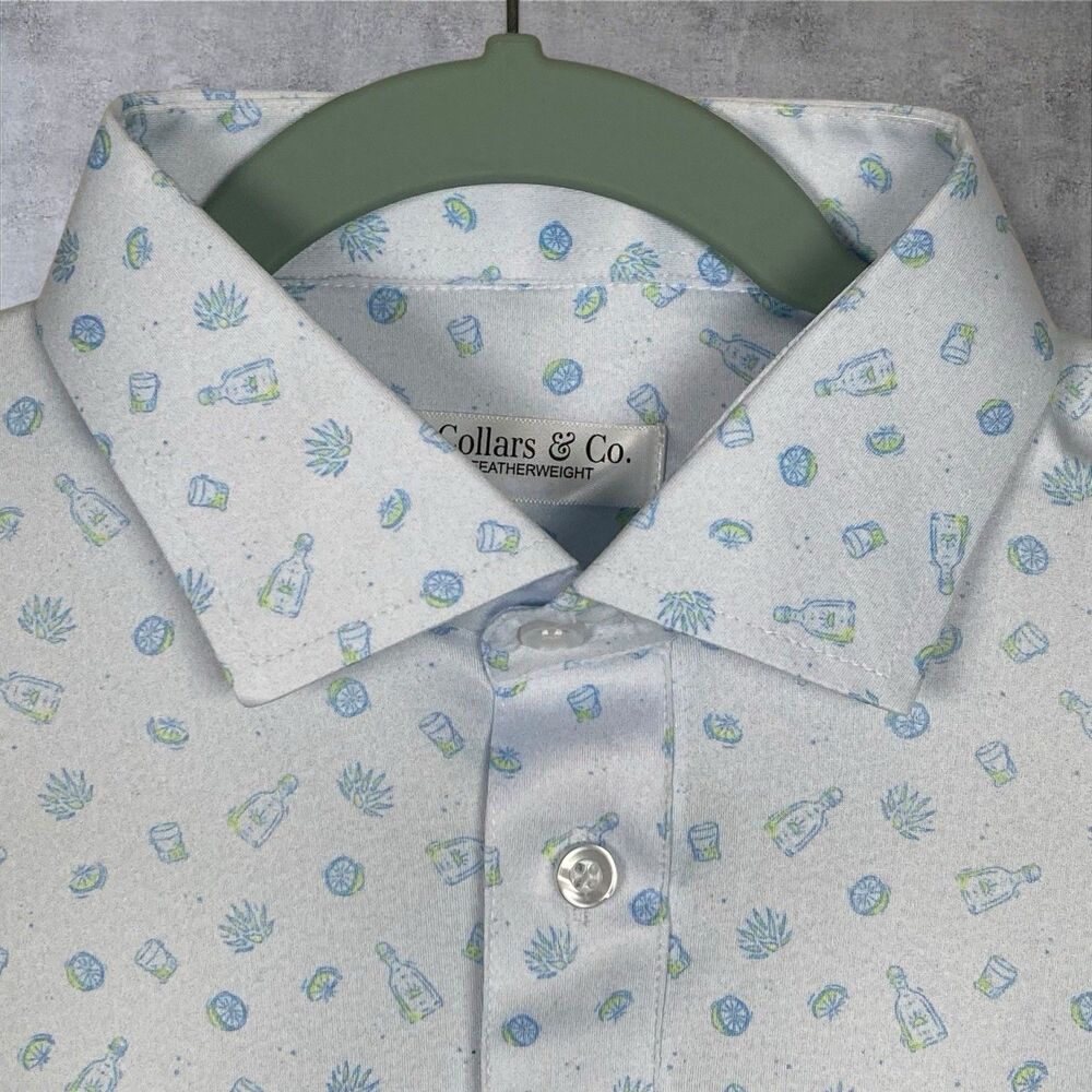 Collars & Co Polo Shirt Mens M Relaxed Blue Tequila Shot Golf Dress Collar NEW